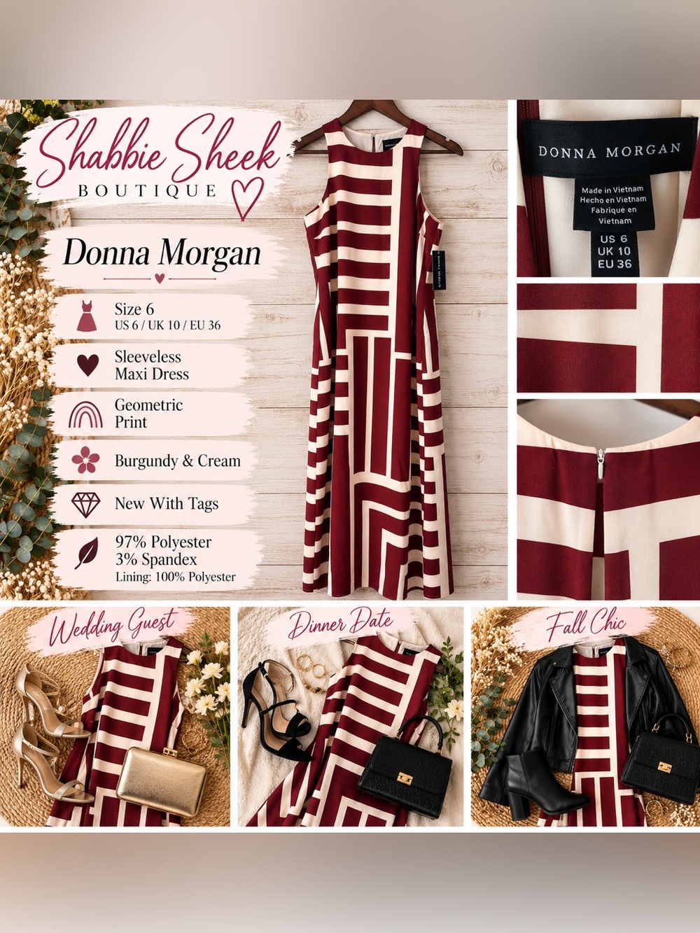 Donna Morgan Size 6 NWT Burgundy Cream Geometric Print Sleeveless Maxi Dress